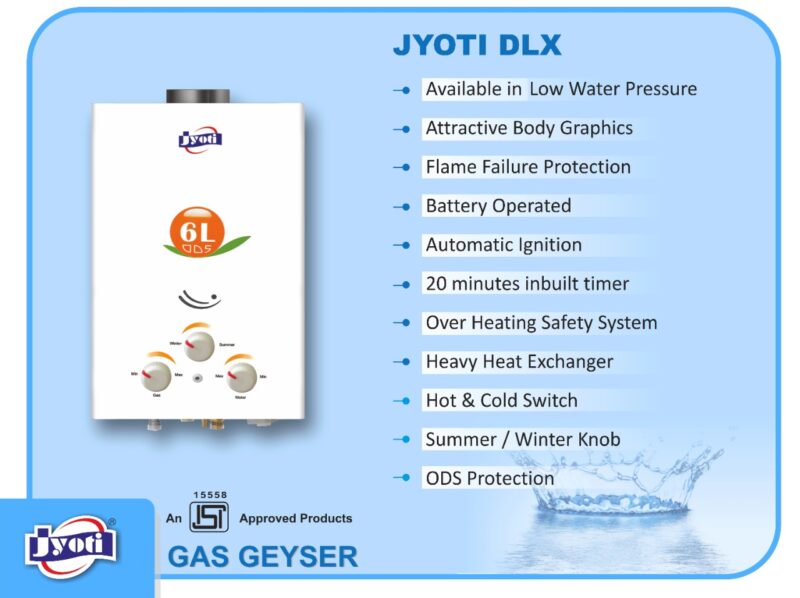 Jyoti Deluxe LP Instant Gas Geyser | Fully Automatic Low Pressure Gas Water Heater | 6Ltr Capacity Copper Tank Gas | ISI Marked Heating Element - Image 2