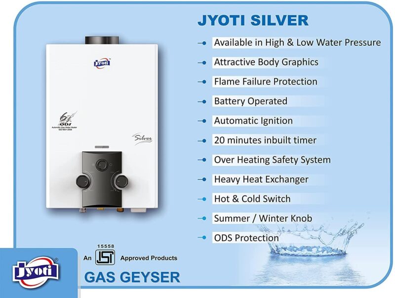 Jyoti Silver HP Instant Gas Geyser | Fully Automatic High Pressure Pressure Gas Water Heater | 6Ltr Capacity Heavy Copper Tank | ISI Mark Heating Element - Image 2